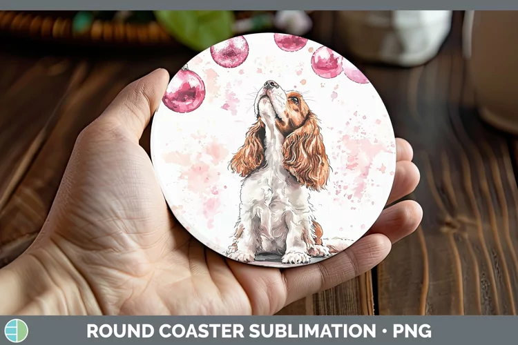 Pink Christmas Cocker Spaniel Round Coaster Sublimation Coas