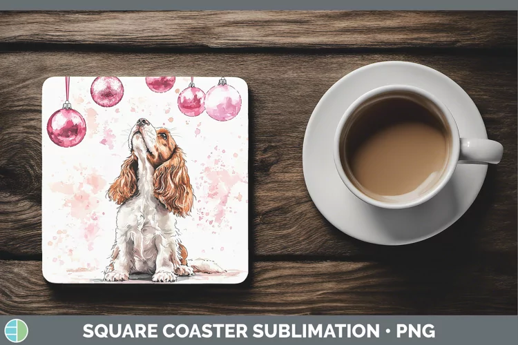 Pink Christmas Cocker Spaniel Square Coaster Sublimation Coa