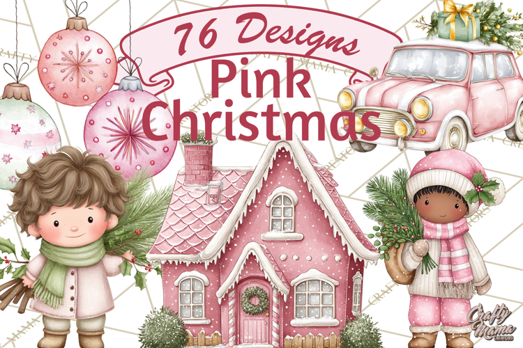 Pink Christmas Town Clipart PNG, Pastel Winter Clip Art