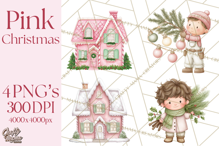 Pink Christmas Town Clipart PNG, Pastel Winter Clip Art
