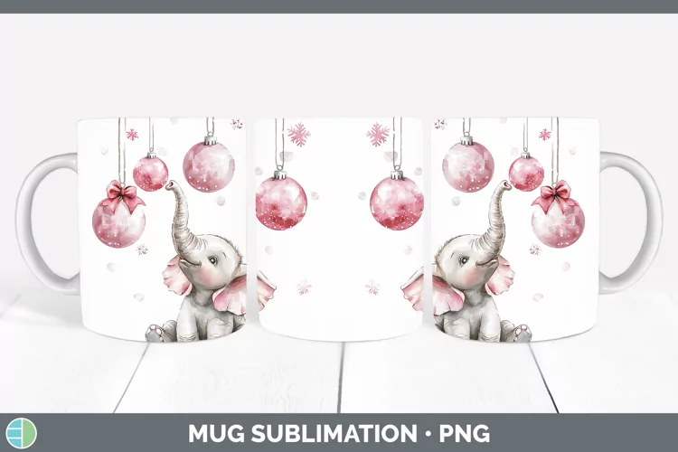 Pink Christmas Elephant Mug Wrap Sublimation Coffee Cup Desi