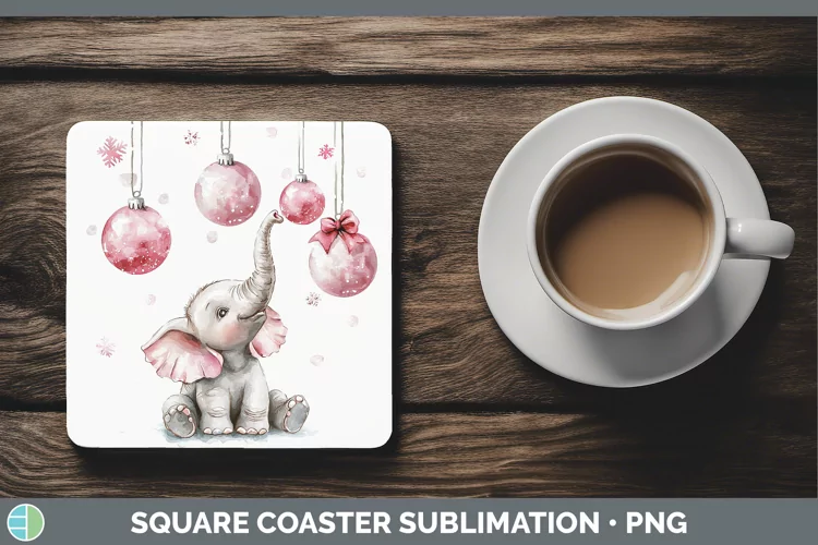 Pink Christmas Elephant Square Coaster Sublimation Coaster D