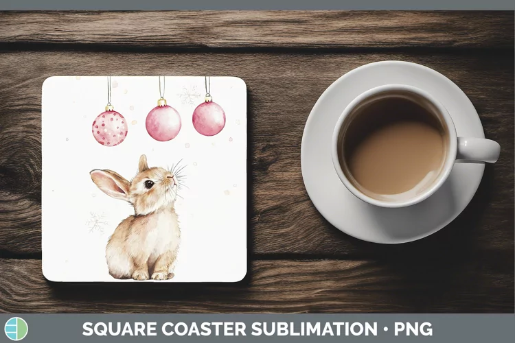 Pink Christmas Farm Bunny Square Coaster Sublimation Coaster