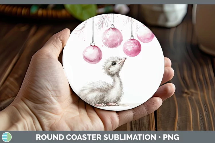 Pink Christmas Farm Ostrich Round Coaster Sublimation Coaste