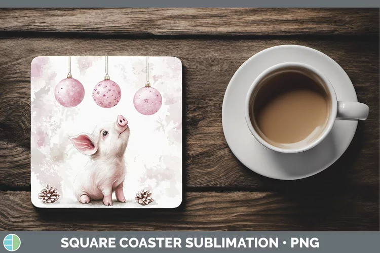 Pink Christmas Farm Pig Square Coaster Sublimation Coaster D