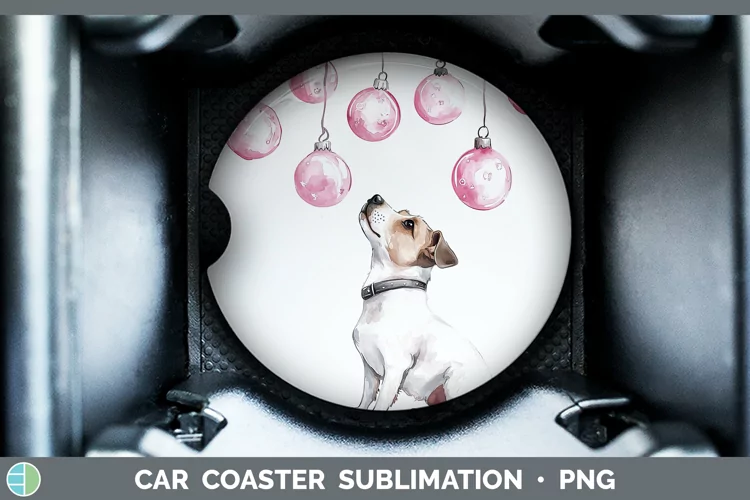 Pink Christmas Fox Terrier Dog Car Coaster Sublimation Desi