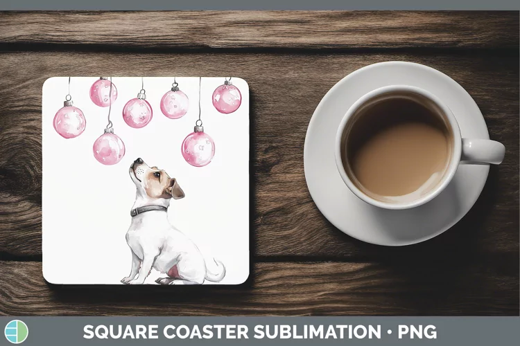 Pink Christmas Fox Terrier Dog Square Coaster Sublimation Co