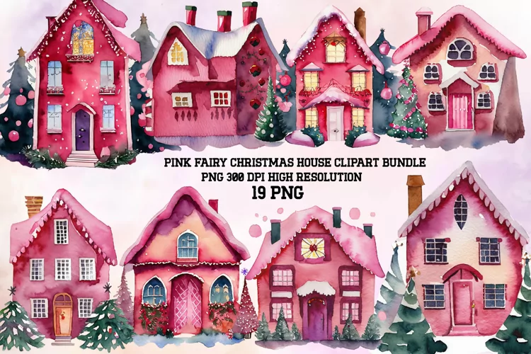 Pink Christmas House Watercolor Clipart PNG