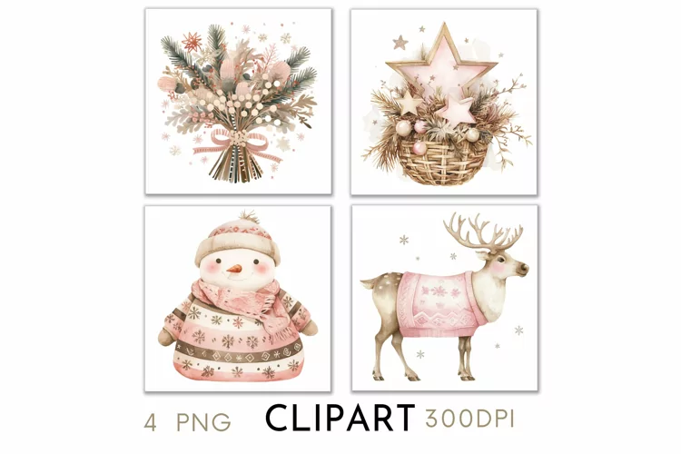 Pink Christmas Illustrations Watercolor PNG