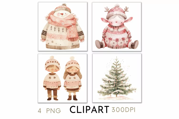Pink Christmas Illustrations Watercolor PNG