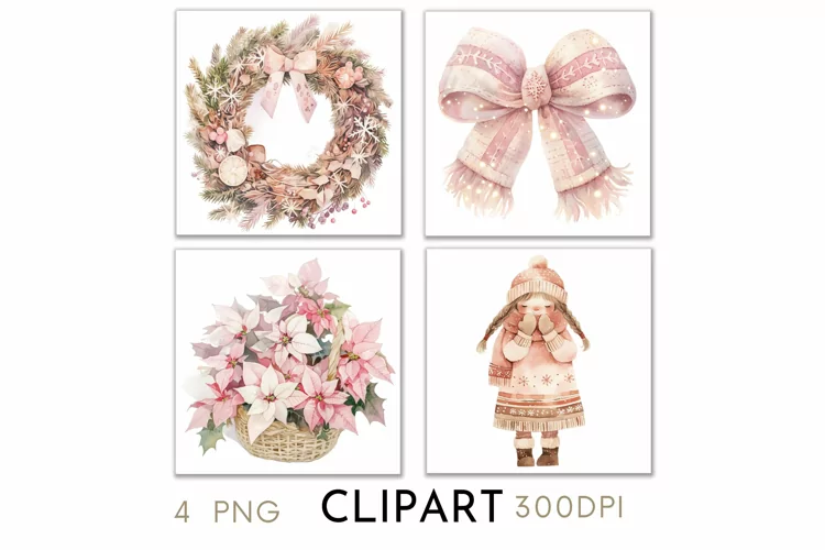 Pink Christmas Illustrations Watercolor PNG