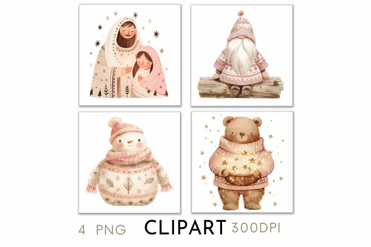 Pink Christmas Illustrations Watercolor PNG