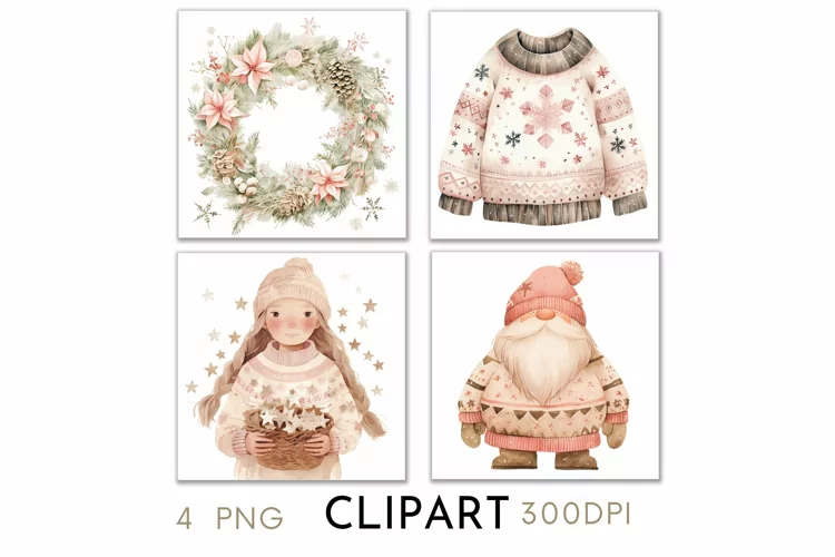 Pink Christmas Illustrations Watercolor PNG