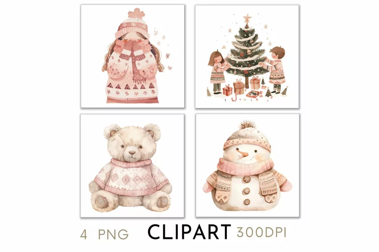 Pink Christmas Illustrations Watercolor PNG