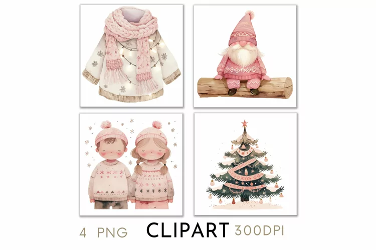Pink Christmas Illustrations Watercolor PNG
