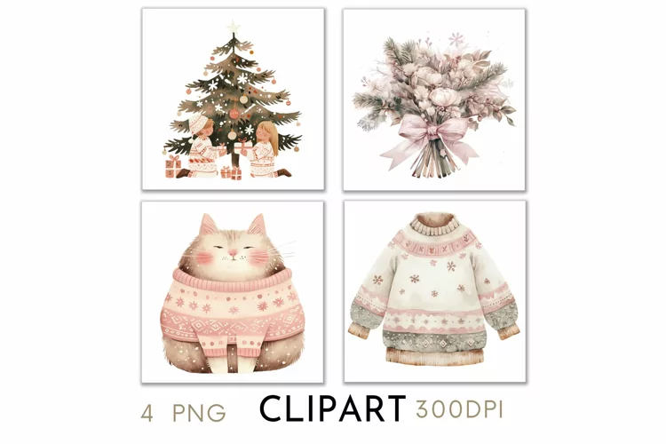 Pink Christmas Illustrations Watercolor PNG