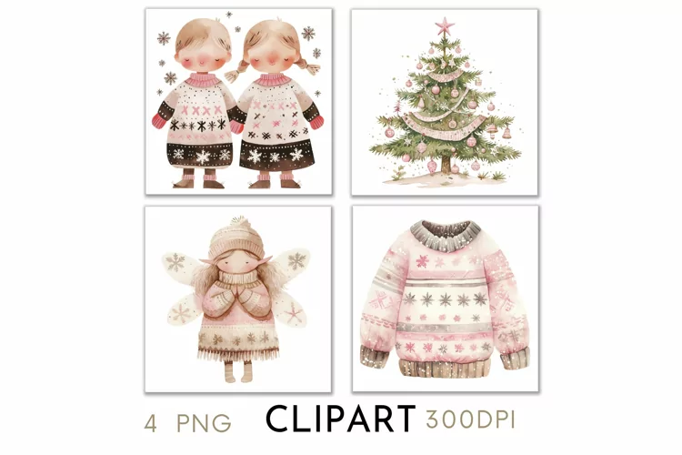 Pink Christmas Illustrations Watercolor PNG