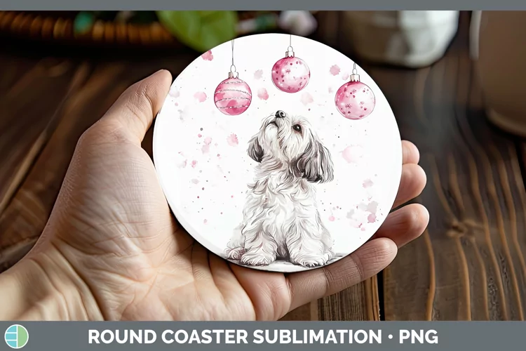 Pink Christmas Lhasa Apso Round Coaster Sublimation Coaster