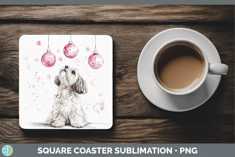 Pink Christmas Lhasa Apso Square Coaster Sublimation Coaster