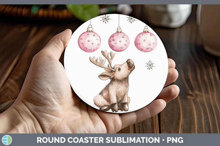 Pink Christmas Moose Round Coaster Sublimation Coaster Desig