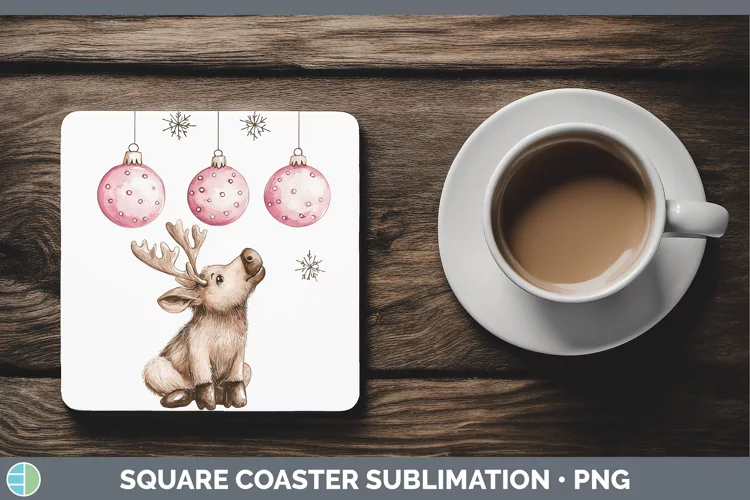 Pink Christmas Moose Square Coaster Sublimation Coaster Desi