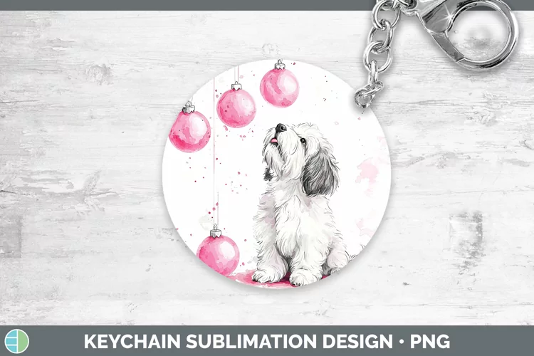 Pink Christmas Old English Sheepdog Keychain Sublimation Key