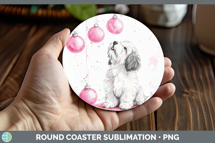 Pink Christmas Old English Sheepdog Round Coaster Sublimatio