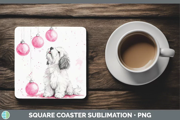 Pink Christmas Old English Sheepdog Square Coaster Sublimati