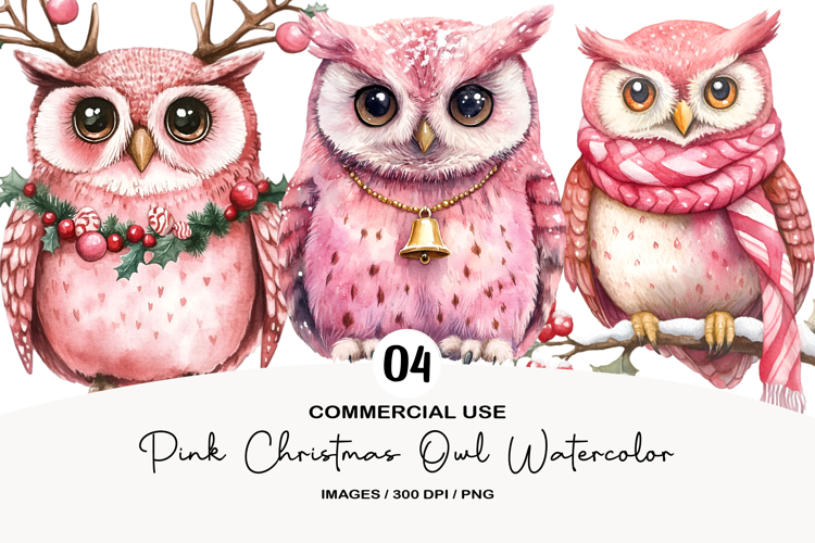 Pink Christmas Owl Watercolor Clipart
