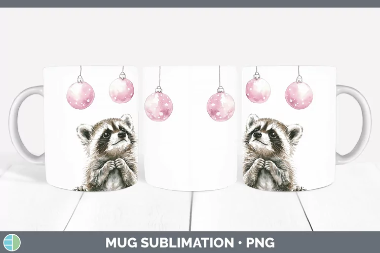 Pink Christmas Raccoon Mug Wrap Sublimation Coffee Cup Desig