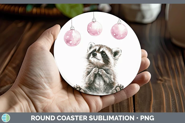 Pink Christmas Raccoon Round Coaster Sublimation Coaster Des