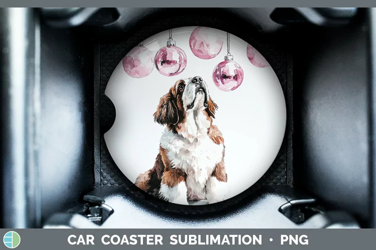 Pink Christmas Saint Bernard Car Coaster Sublimation Design