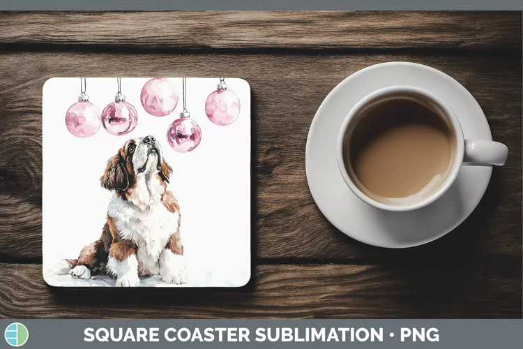 Pink Christmas Saint Bernard Square Coaster Sublimation Coas