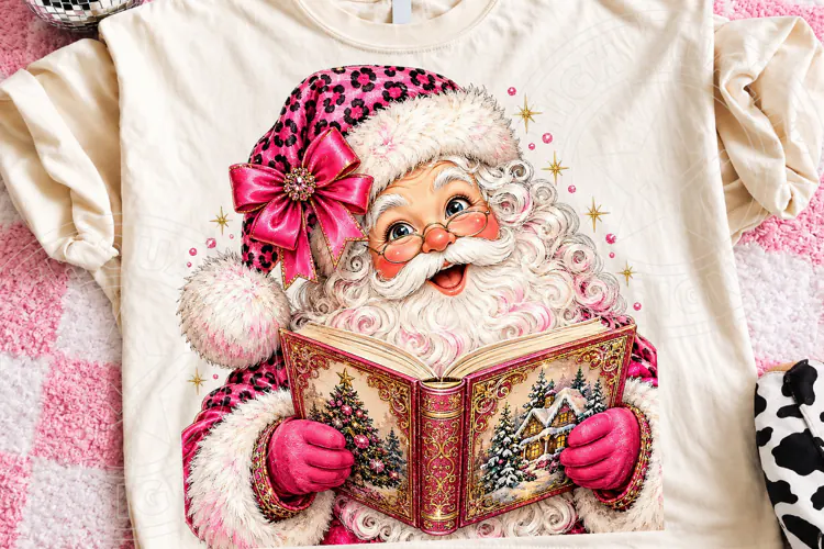 Pink Christmas Santa Reading a Book Cozy Book Lover Holiday