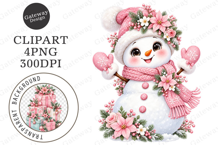Pink Christmas Snowman Clipart example image 1