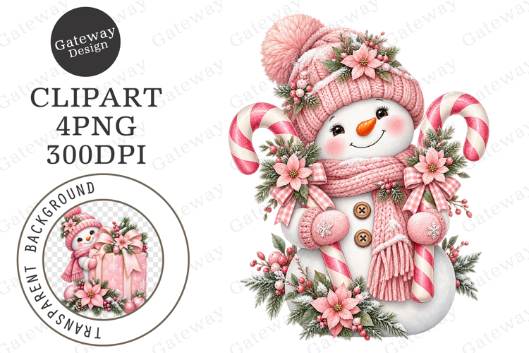 Pink Christmas Snowman Clipart