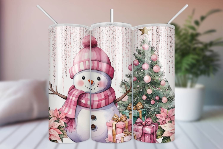 Pink Christmas Tumbler Wrap, Snowman Sublimation PNG design