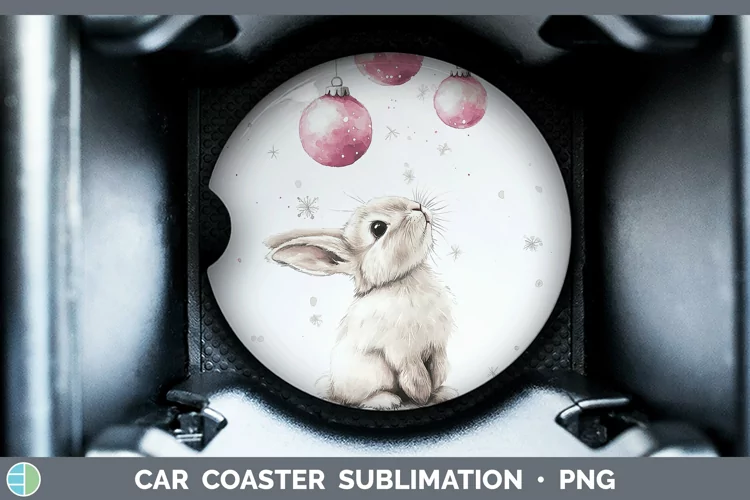 Pink Christmas Snowshoe Hare Car Coaster Sublimation Design