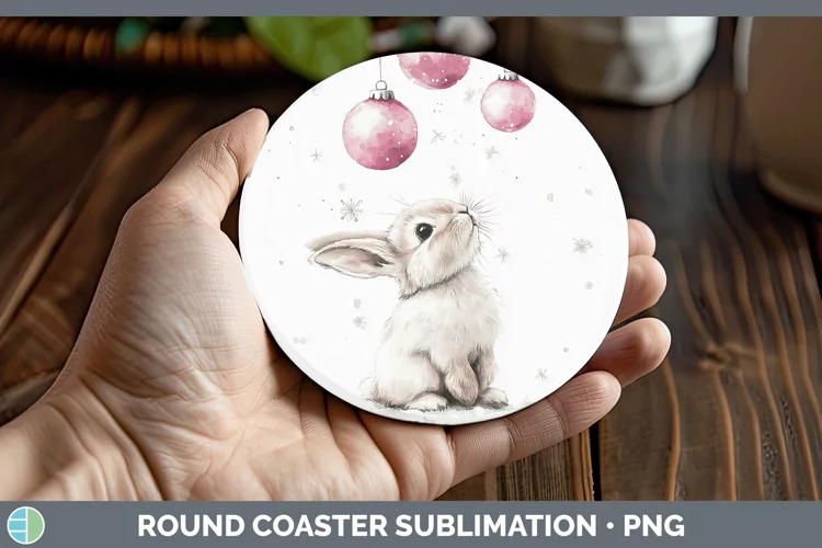 Pink Christmas Snowshoe Hare Round Coaster Sublimation Coast
