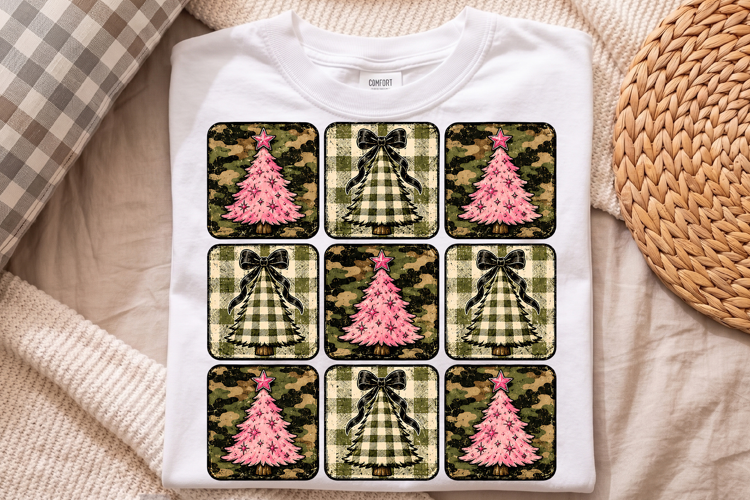 Pink Christmas Tree Camo Plaid Holiday PNG, Retro Bow Design