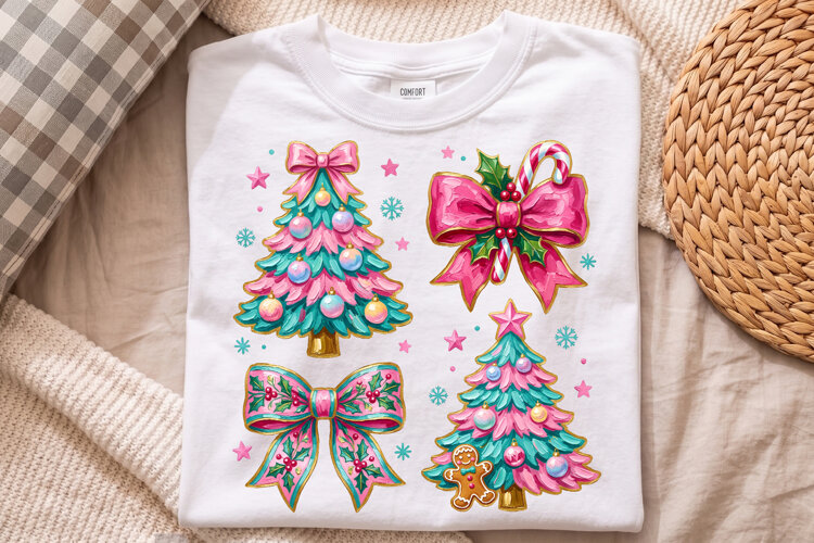 Pink Christmas Tree Png, Teal Holiday Bows and Ornament example image 1