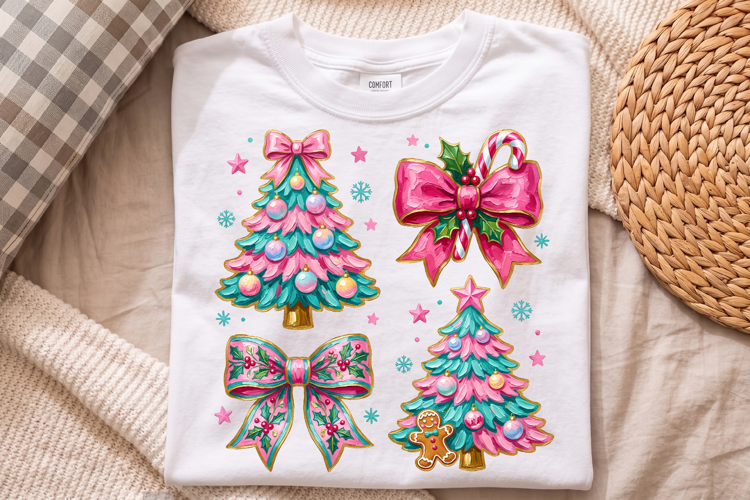 Pink Christmas Tree Png, Teal Holiday Bows and Ornament