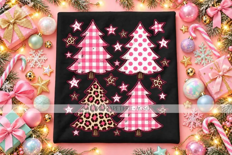 Pink Christmas Trees PNG with Leopard and Gingham