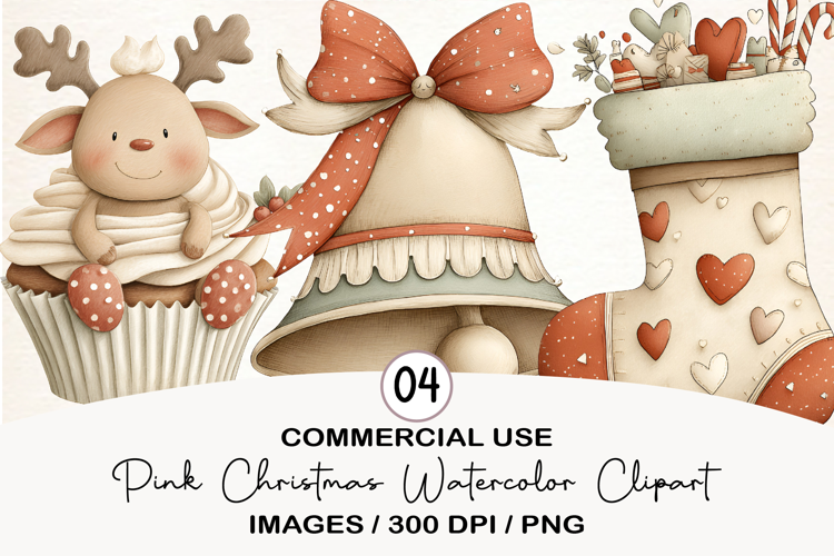 Pink Christmas Watercolor Clipart