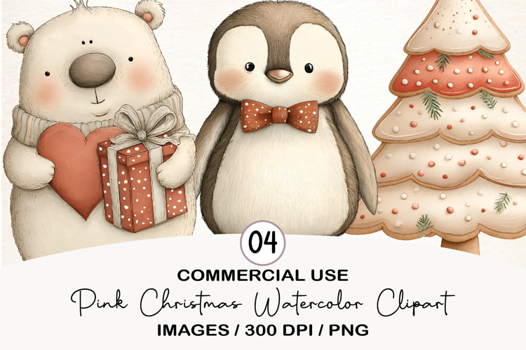 Pink Christmas Watercolor Clipart