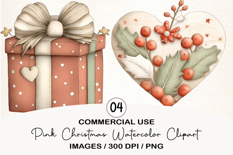 Pink Christmas Watercolor Clipart