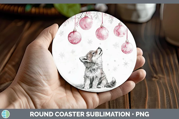 Pink Christmas Wolf Round Coaster Sublimation Coaster Design