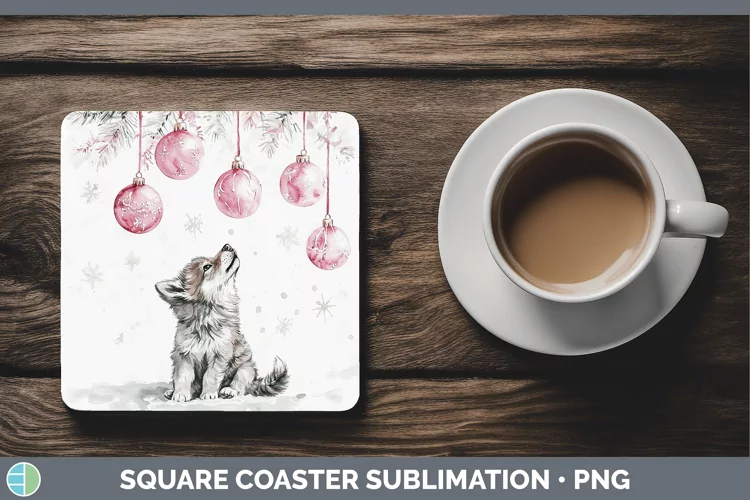 Pink Christmas Wolf Square Coaster Sublimation Coaster Desig