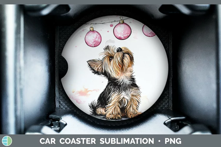 Pink Christmas Yorkshire Terrier Car Coaster Sublimation De