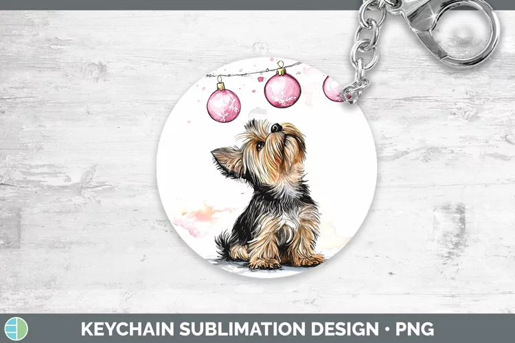 Pink Christmas Yorkshire Terrier Keychain Sublimation Keyrin